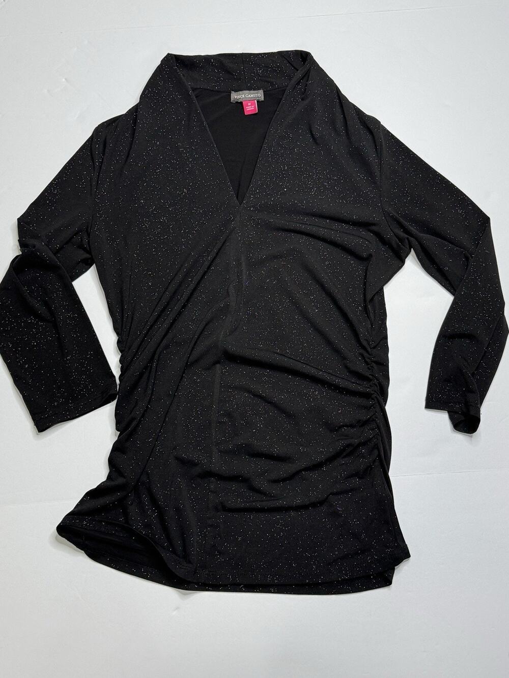 Vince Camuto Womens M Black Sparkle Glitter Faux Wrap Ruched Long Sleeve Top